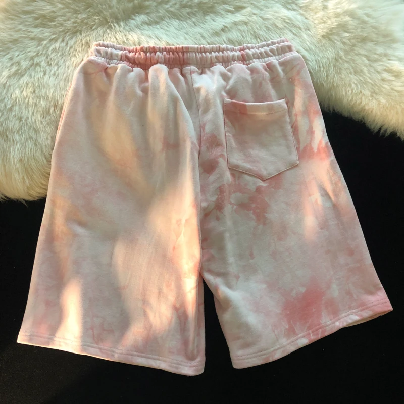 

KUSAHIKI Woman Shorts 2021 New Tie Dye Love Heart Embroidery Causal Bottoms Lace Up Stretch Waist Wide Leg Short Feminimos 6H156