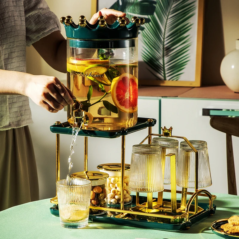 

BFE Light Luxury Glass Tea Set Crown Lid Water Barrel With Tap Heat Resistant Beverage Flower Teapot Transparent Cups