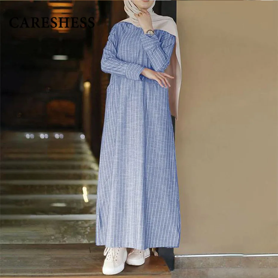 

CARESHESS Spring Dress Women Art Retro Literary Cotton Linen A-line Skirt Round Neck Dress Loose Large Size Casual Dresses