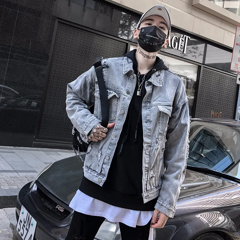 Мужская джинсовая куртка в стиле хип хоп| |