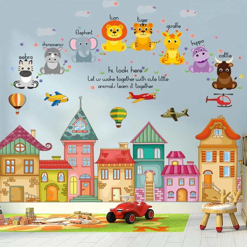 Мультяшные животные замок настенные наклейки для детской комнаты фотообои из