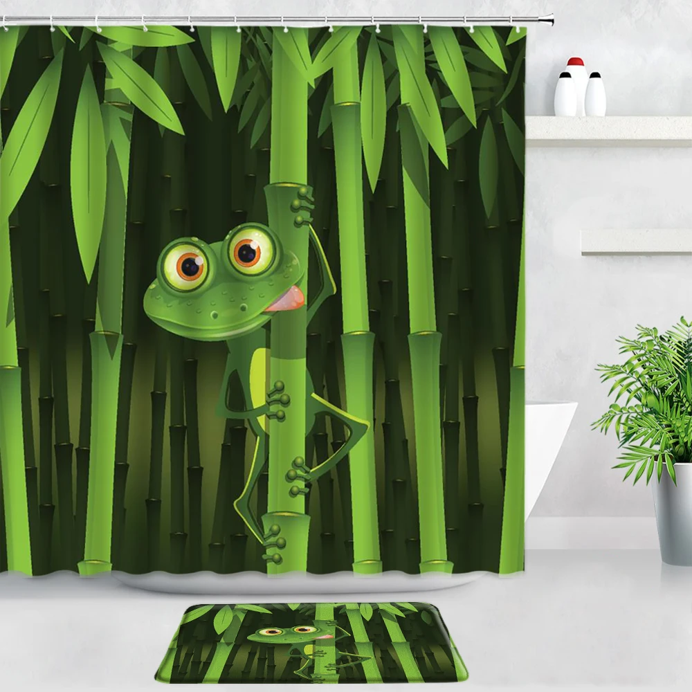 

Green Leaves Bamboo Waterproof Shower Curtain Set Zen Plants 3D Frog Bathroom Kitchen Door Carpet Flannel Non-slip Rug Bath Mats