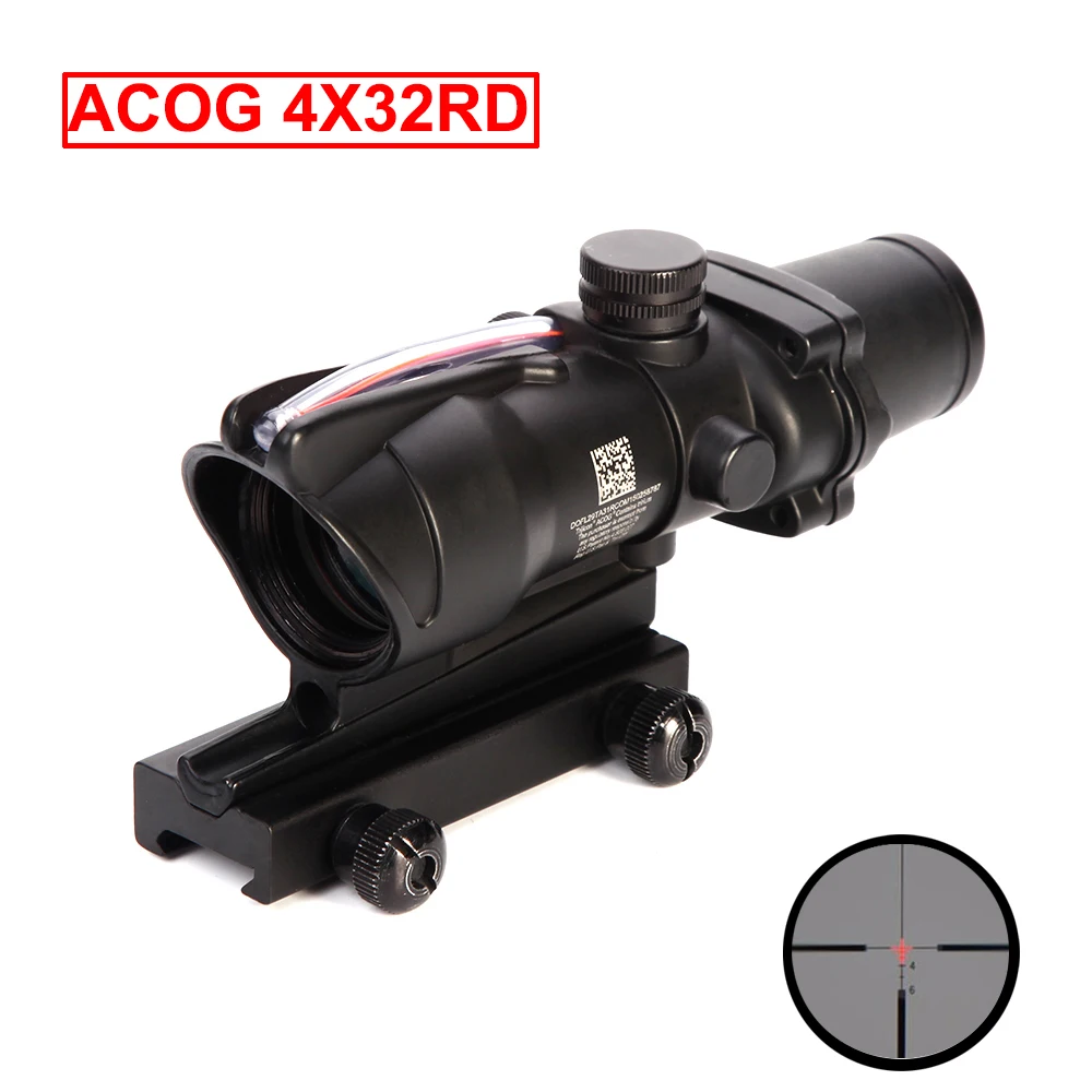 

ACOG 4X32 Real Fiber Riflescope Red Illuminated Etched Reticle Tactical Hunting Optical Sight with 20mm Rail for Airsoft Gun