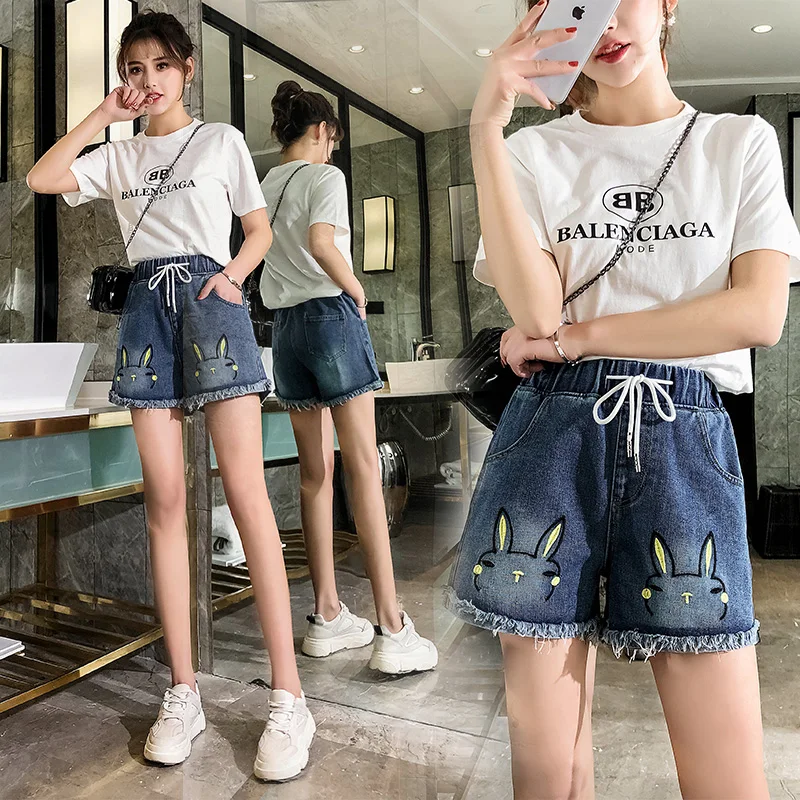 Женские джинсовые шорты из хлопка с вышивкой и плотной талией Свободные