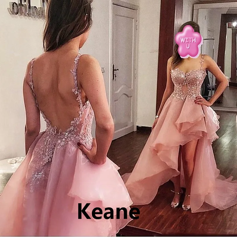 

Spaghetti Straps High Low Evening Dresses AsymmetryTulle and Organza Appliques Backless Evening Gown Prom Dress Robe De Soiree