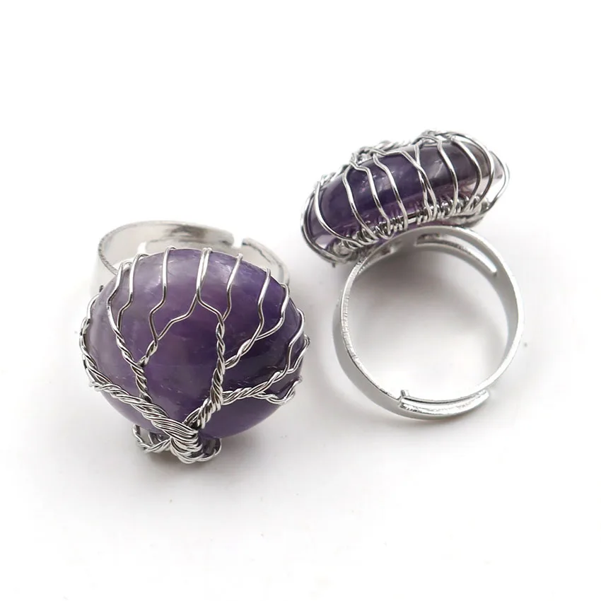 

Natural White Crystal Quartz Black Agates Round Bead Stone Finger Rings Tree of Life Wire Wrapped Resizable Women Ring 1 Pcs