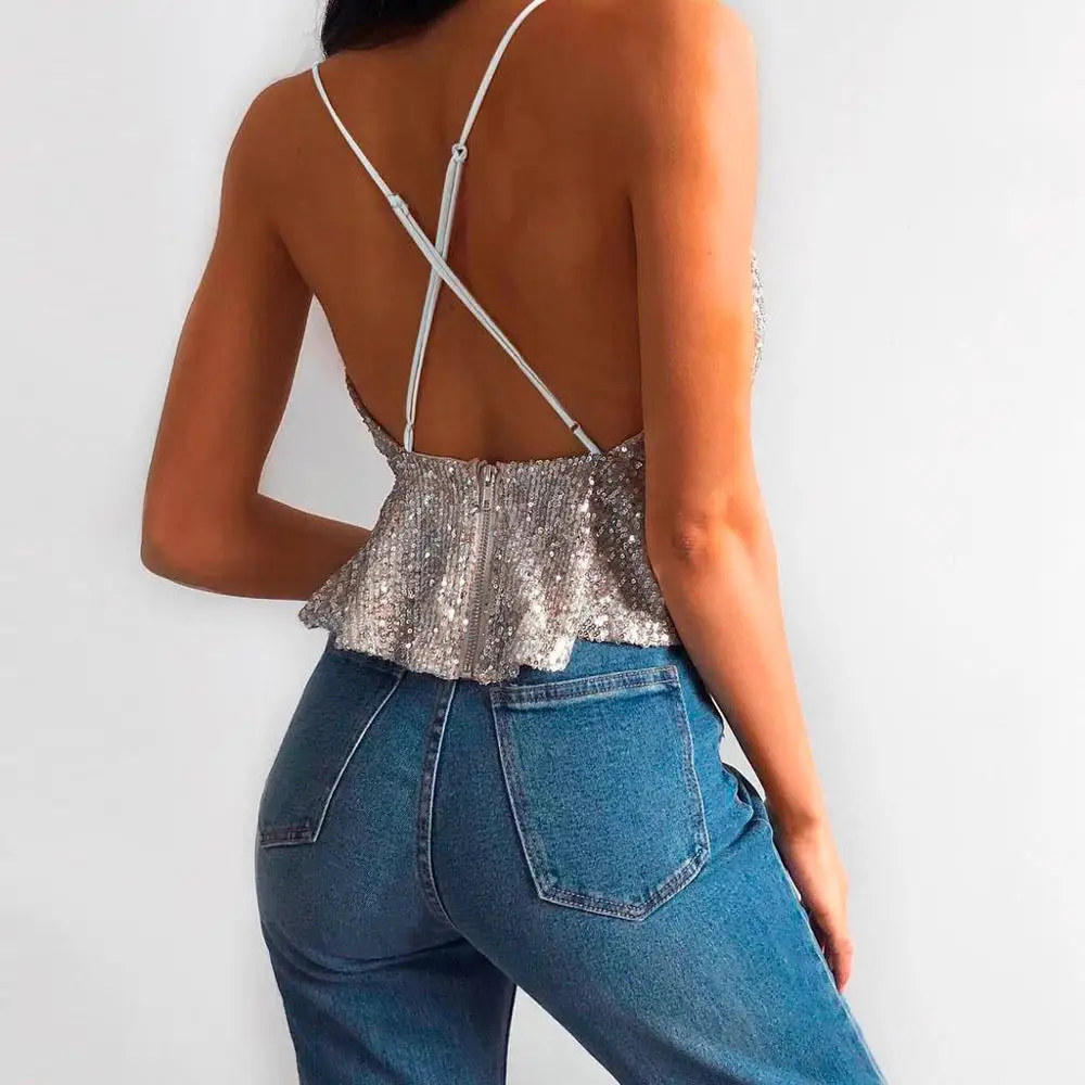 Сексуальный женский топ на бретелях с блестками и размера плюс s женские