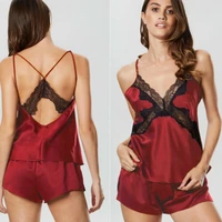 fashion sexy lace lingerie sleepwear satin v neck backless red pajamas underwear nightwear women new