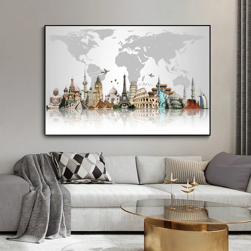 

World Famous Building Art Posters and Prints World Tourist Attraction Map Canvas Painting Modern Wall Art Pictures Home Decor