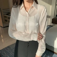 new summer solid women shirt single breasted perspective thin casual shine under light modal office ladies long sleeve blouse