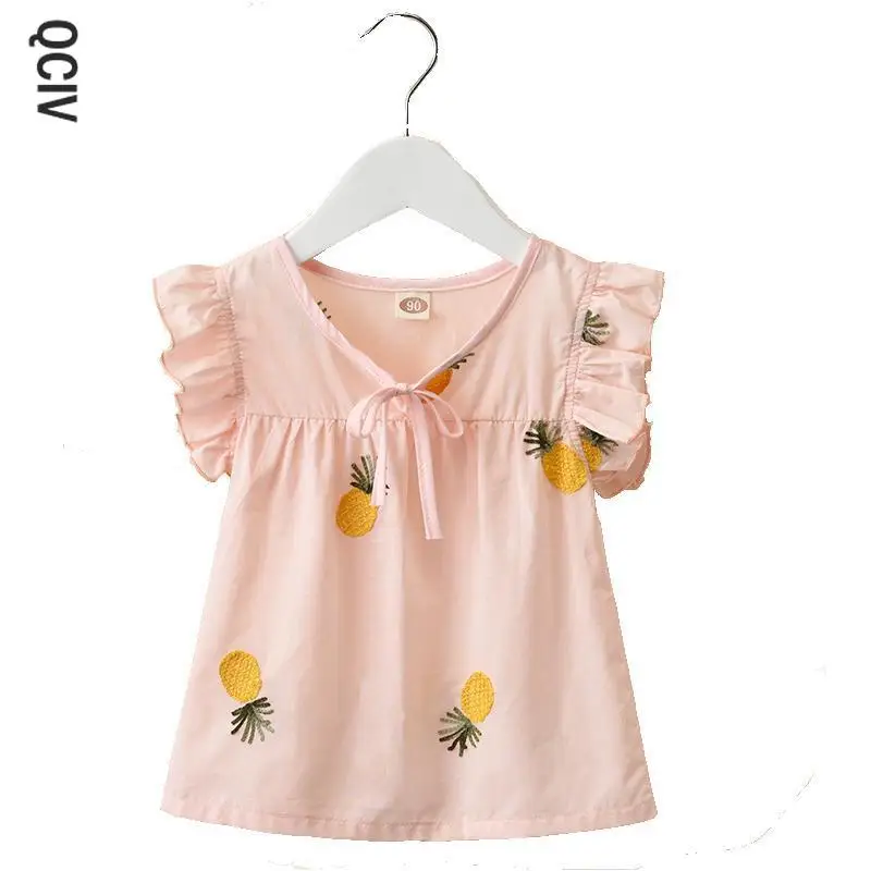 

Summer New Girls Blouses Cotton Print Baby Shirt Korean Style Flying Short Sleeve V-Neck Children Clothes