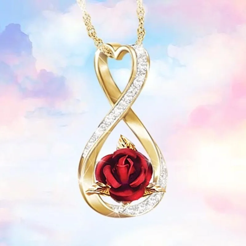 

Exquisite Fashion Red Rose Heart-shaped Necklace Gold Silver Color Inlay Zircon Women Necklace Charm Women Party Jewelry Gifts