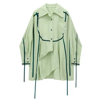 2022 autumn green women korean mini dresses turndown collar long sleeve fashion streetwear design casual female shirt dresss