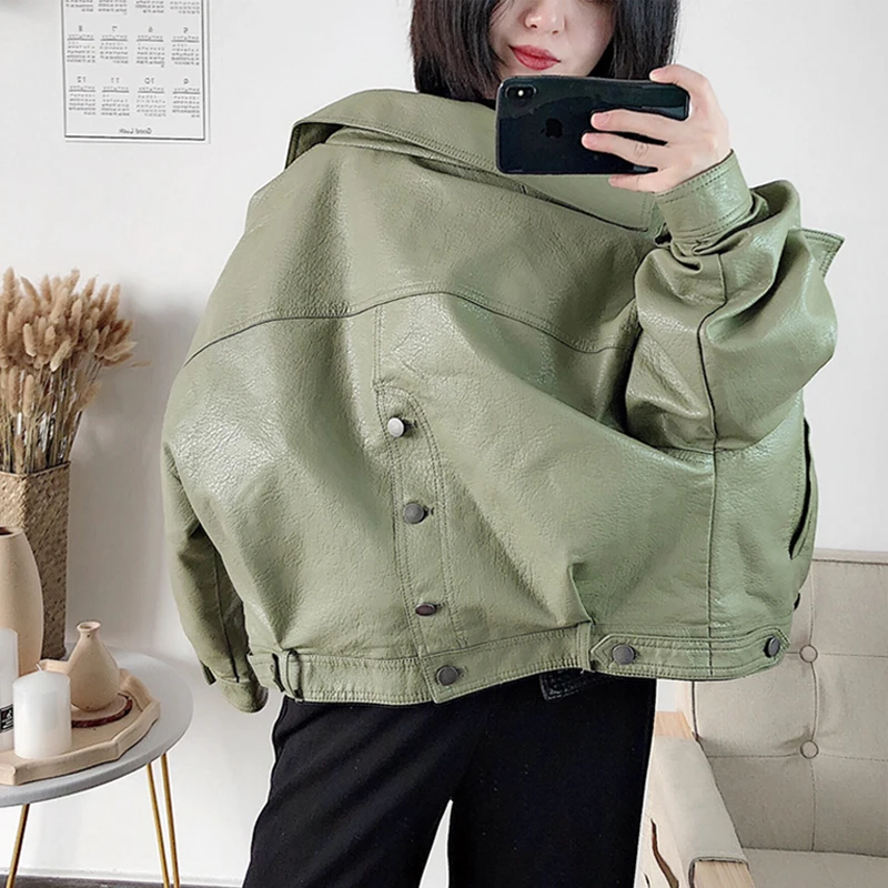 Куртка женская из искусственной кожи Короткая свободная Байкерская верхняя