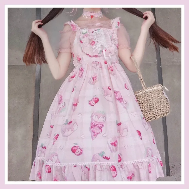 Kawaii/платье в японском стиле Jsk Lolita милое Вишневое десертное Лолита Повседневное