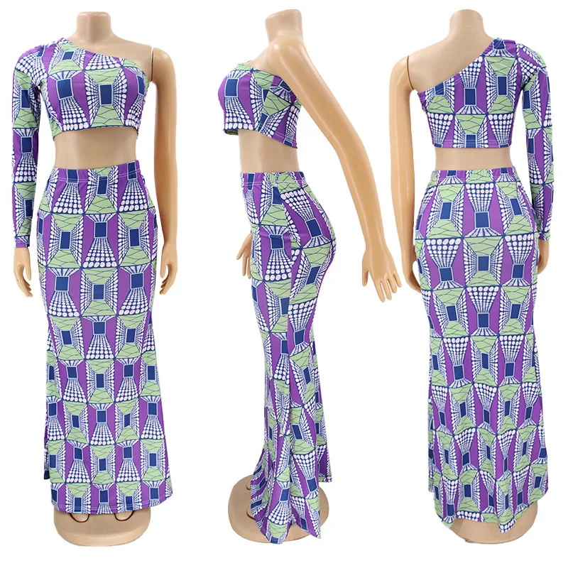 

2021 summer new fashion print slim two piece casual off shoulder long sleeve shirt and long skirt women's suit