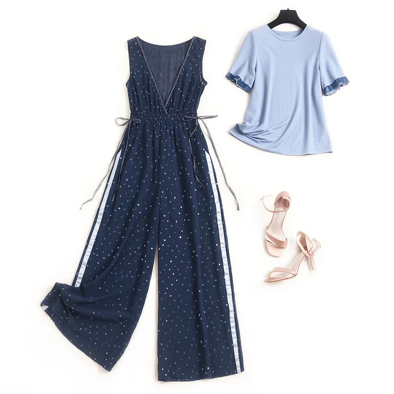 

Женский трикотажный комбинезон, комплект из двух предметов, шифоновый комбинезон с принтом и кулиской, лето 2020