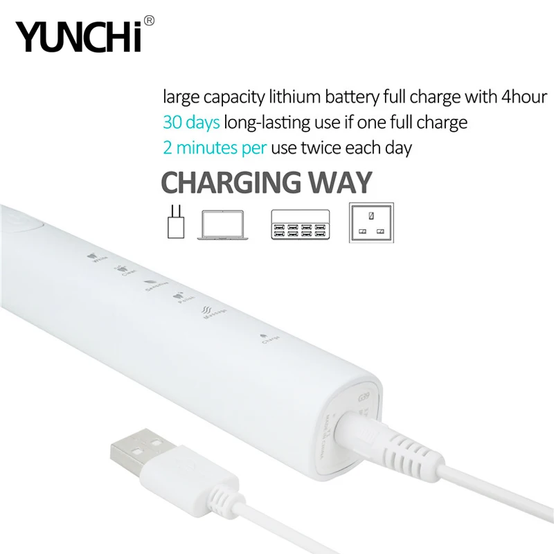 Звуковая электрическая зубная щетка, USB перезаряжаемая зубная щетка для взрослых с таймером, 5 режимов с сменными головками+ 5 головок в подарок