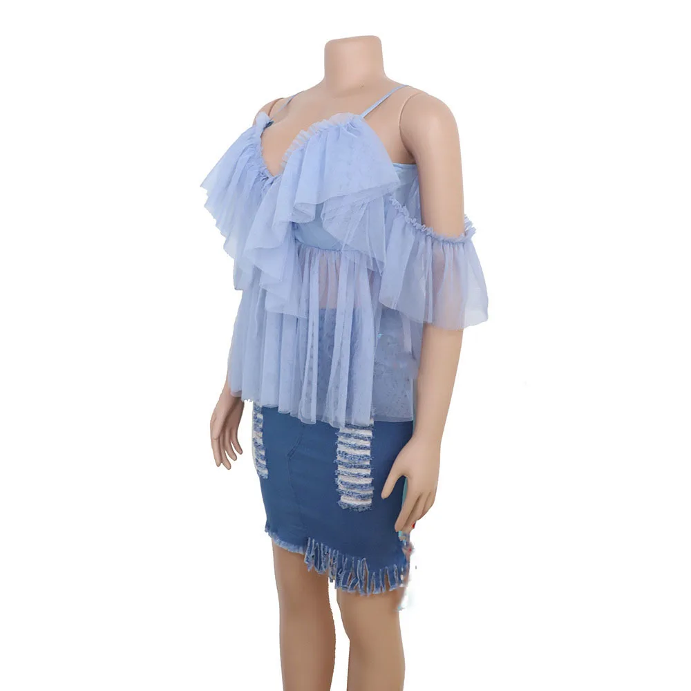 Fashion Women Off Shoulder Layer Mesh Blouses Sexy Summer Spaghetti Strap Backless Top Female Vintage Lace Up Ruffle Shirt