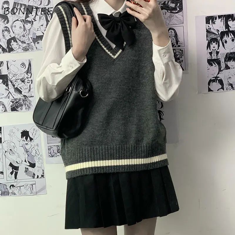

Sweater Vest Women College Autumn V-neck Casual Students Korean Style Loose Knitted Fashion Jk Sweet Cute Warm Harajuku Popular