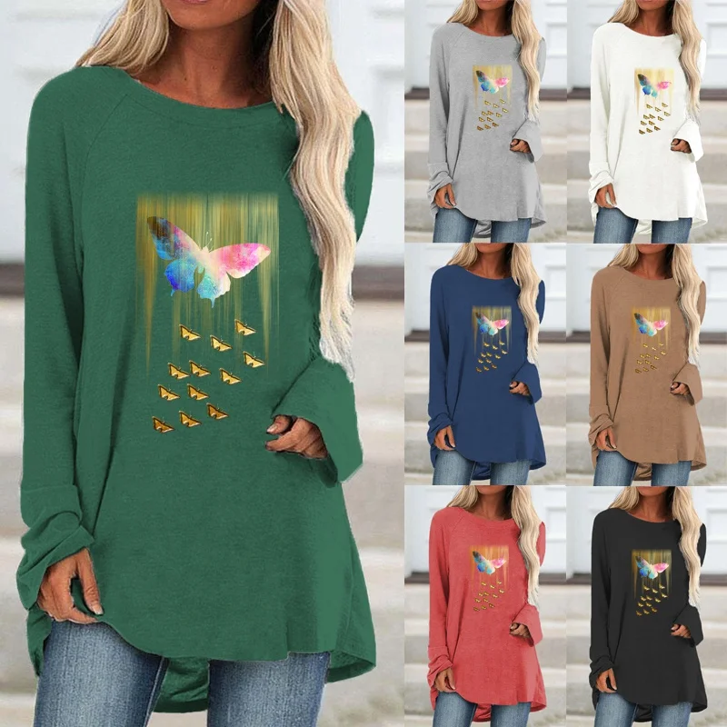 

Autumn Women Fashion Casual Round Neck Long Sleeved Floral Printed Shirts & Tops Loose Ladies Graphic T-shirt Blouse Plus Size