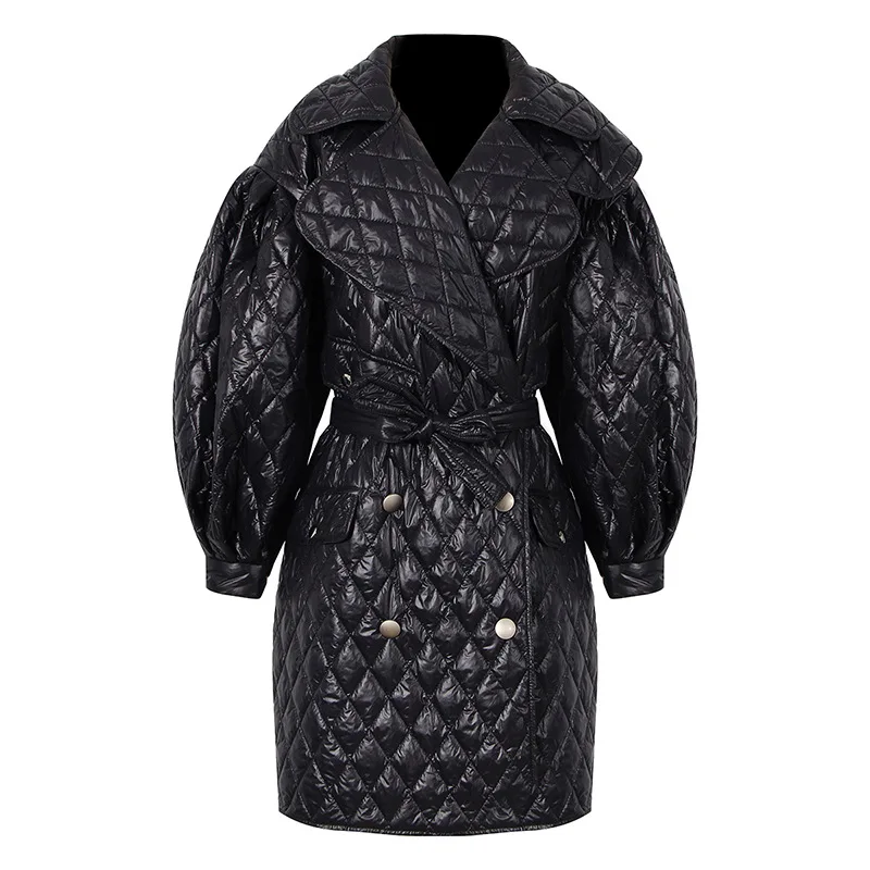 

MSXU 20 Winter Women's Small Incense Wind Belt Suit Collar Diamond Check Cotton Quilted Lightweight Mid-length Windbreaker Women