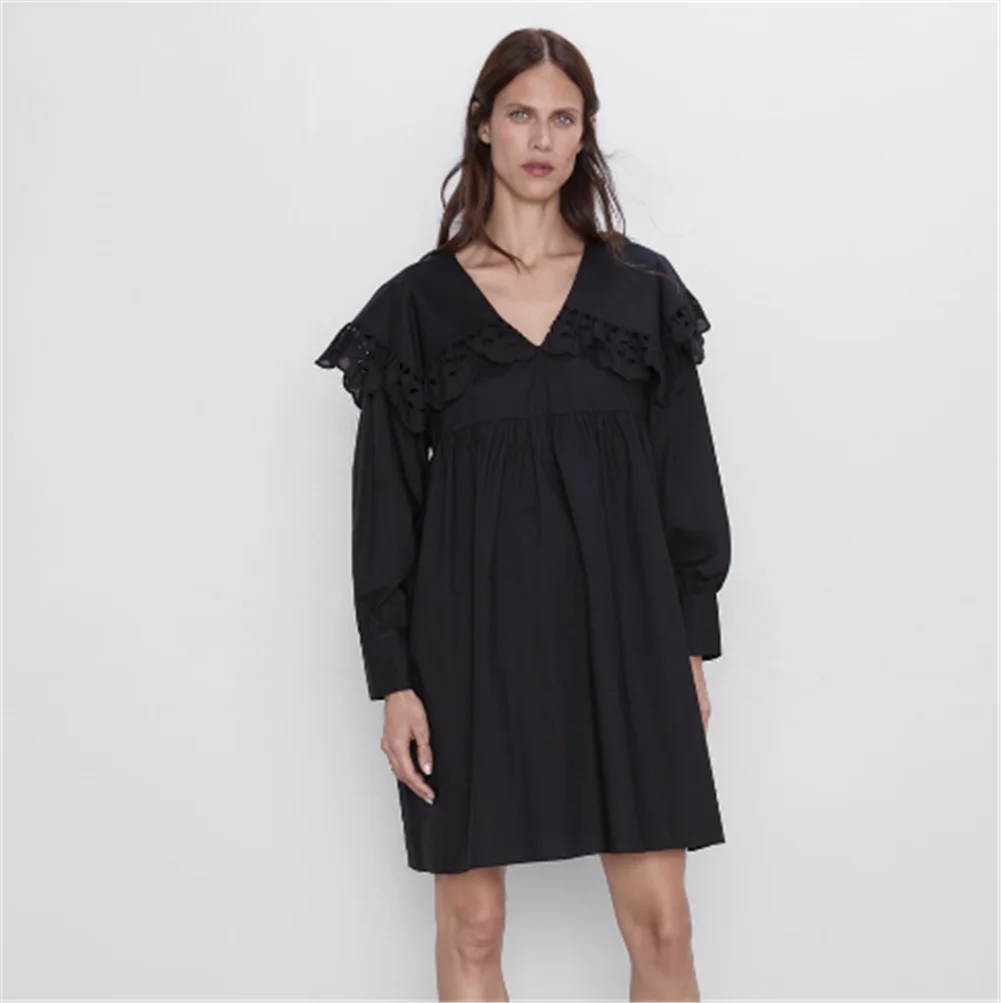 Женское свободное платье из поплина Черное мини в стиле бохо с v образным вырезом