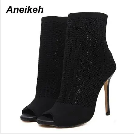 Black Aneikeh/ г. Модные женские ботинки с сеткой обувь до середины голени на тонком высоком каблуке женские пикантные свадебные туфли без застежки с открытым носком, цвет черный, зеленый, Размеры 35-40 - Цвет: Black