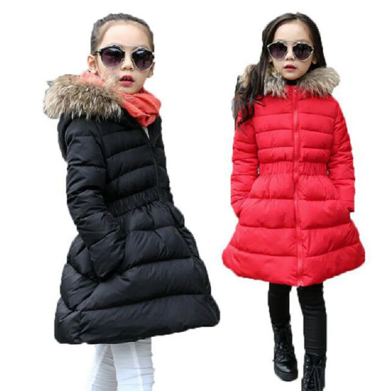 2018 детская Длинная зимняя куртка для девочек с меховым капюшоном на талии