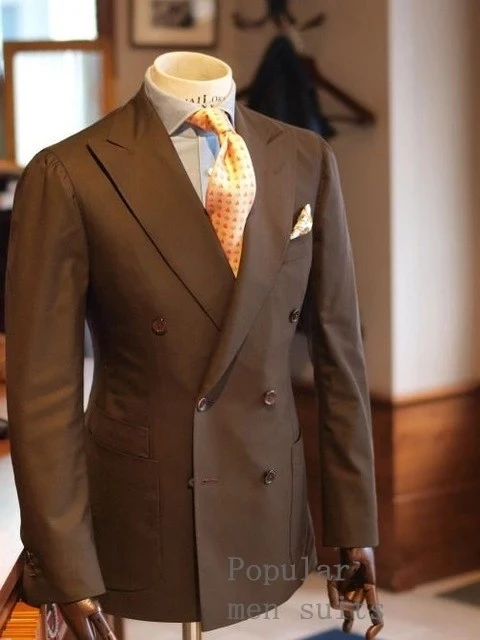 

British Costume Homme Brown Men Suits Peak Lapel Double Breasted Fashion Wedding Prom Terno Masculino Groom Blazer 2 Pieces