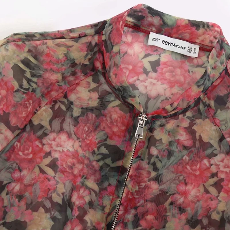 Женская свободная куртка из органзы винтажная прозрачная летная с цветочным