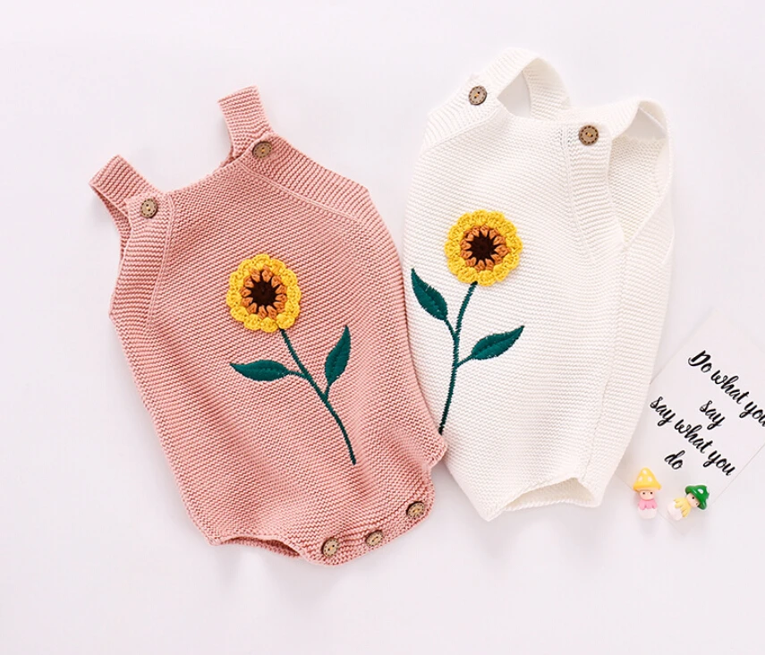 

Toddler Infant Knitted Romper Wool Knitting Suspenders Strap Sleeveless Romper Sunflower Embroidery Baby Girls Boys 0-18 Months