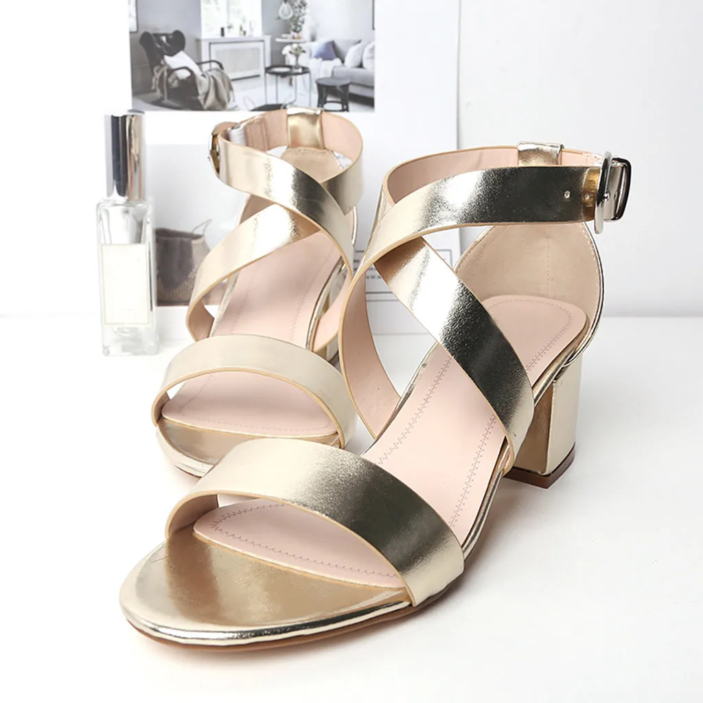 

Woman's Sandals 2020 Block Heels Shoes Summer Women Laser Gladiator Sandals Luxury Buckle Strap Shoes Girl Club Sandalia Blokhak