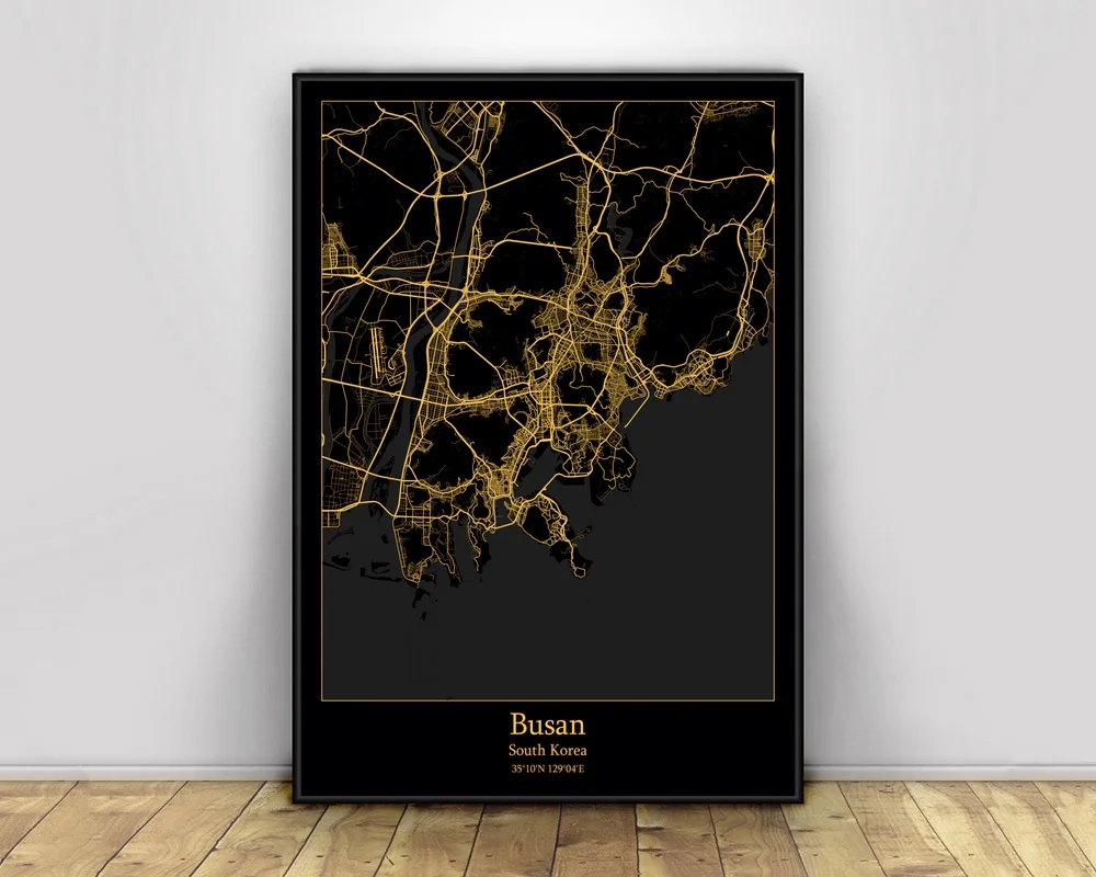 Busan Южная Корея черный и золотой город светильник Карты изготовленный на заказ