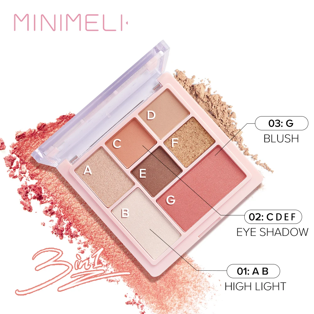 Палитра для макияжа MINIMELI 3 в 1 матовые тени век хайлайтер румяна блестящие Палетка