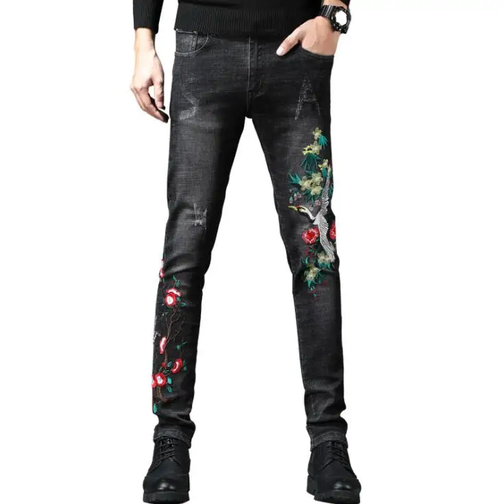 Men's stretch jeans embroidered джинсы с высокой талией red-crowned crane slim trendy pants Original design American