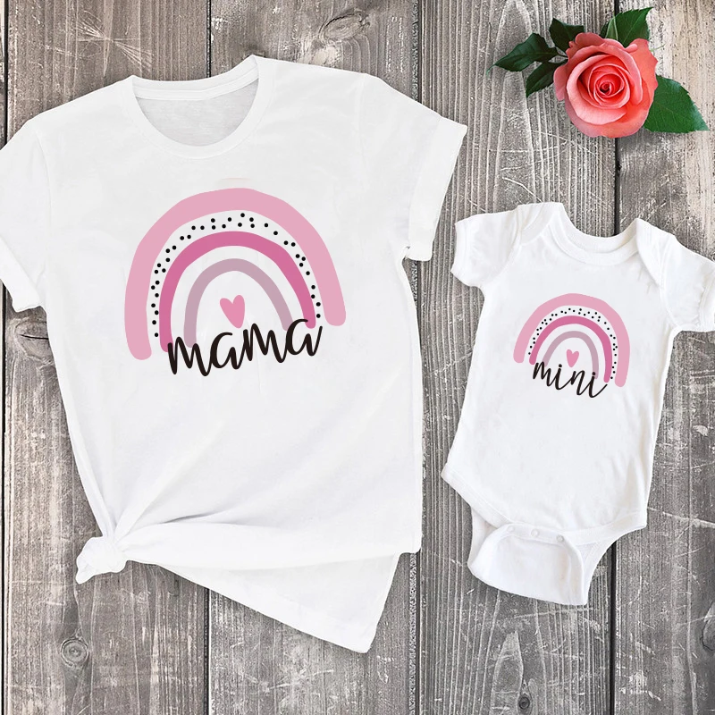 

Mommy and Baby Romper Infant 0-24M Family Matching Cotton Clothing Summer Rainbow Mama and Mini T-Shirt Cute Print Tops