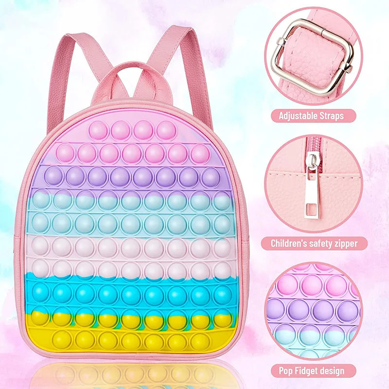 

New Children PU Leather Backpack Stress Relief Pop Bags Kids Fidget Push Girls Boys Storage Large Book Bag Birthday Party