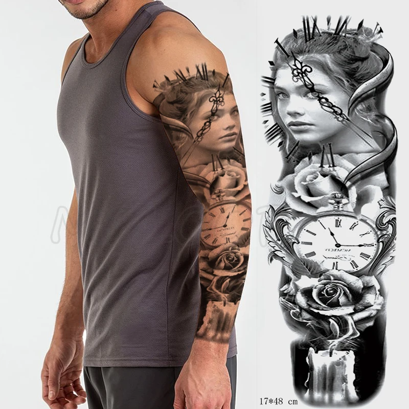 Full Arm Waterproof Temporary Tattoo Sticker Big Roma Clock Rose Flower Plant Art Fake Tatoo Flash Tatto for Man Woman | Красота и
