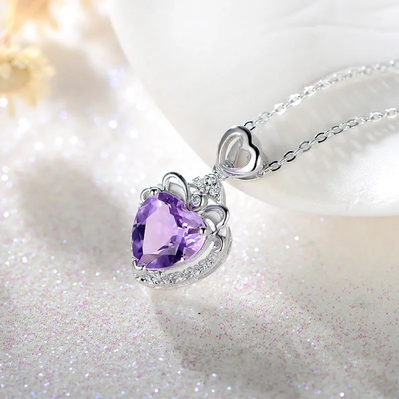 

Cellacity 925 Silver Pendant Neckalce With Hearty Shape Gemstones For Charm Women Purple Blue Color Women Party Wholesale Gift