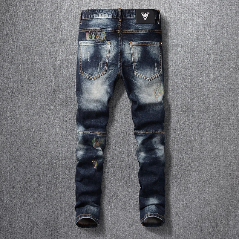 Korean Style Fashion Men Jeans Retro Black Blue Elastic Slim Fit Ripped Jeans Men Embroidery Designer Hip Hop Denim Punk Pants