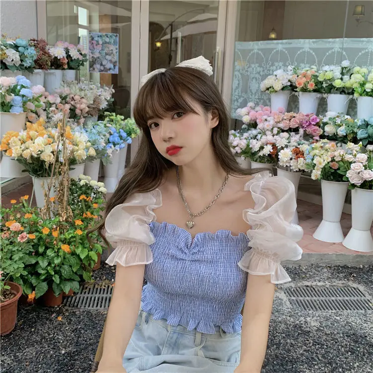 

Women Blouse Chiffon Puff Sleeve 2021 Summer Short Sleeve Plaid Women Blusas Mujer De Moda