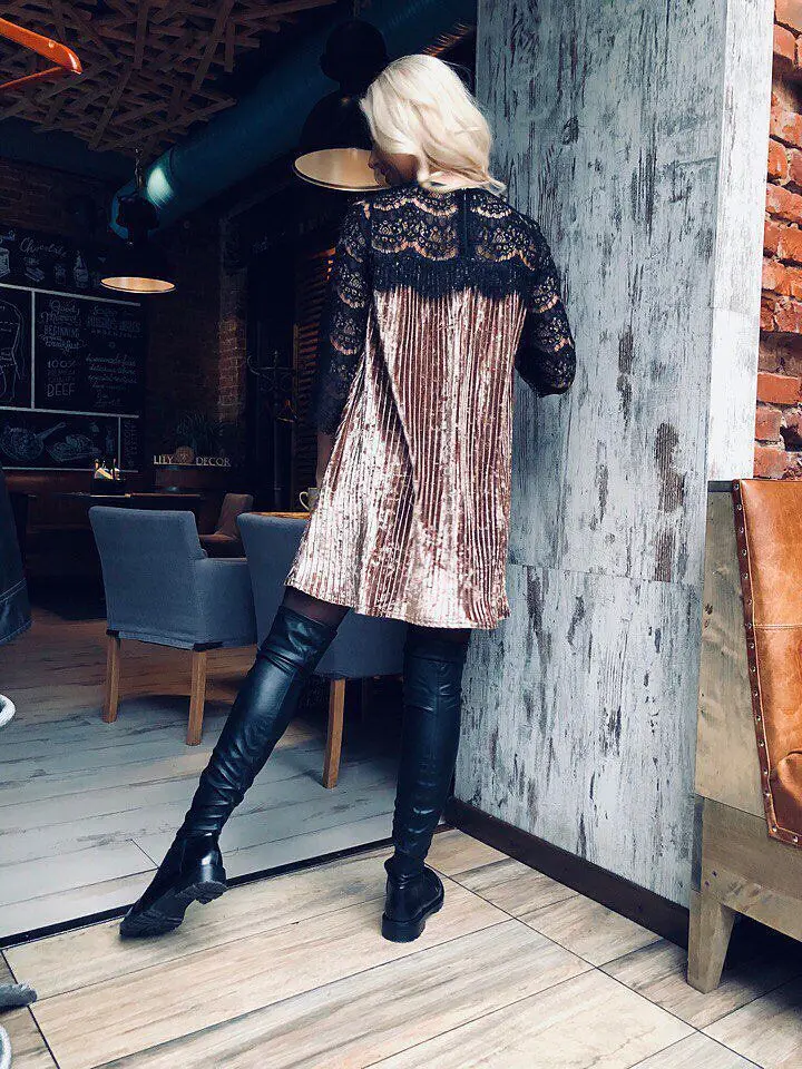 

Lace Patchwork Velvet Dresses Women Casual O Neck Half Sleeve Hollow Out Pleated Loose Dress Summer Ladies Club Party Mini Dress