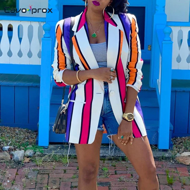 Женский однобортный Блейзер больших размеров в разноцветную полоску с