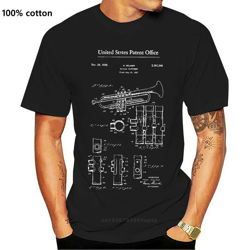 

1939 труба, патент, музыка, музыкант, латунная группа, оркестр, винтажный инструмент, Мужская графическая футболка, футболка для взрослых