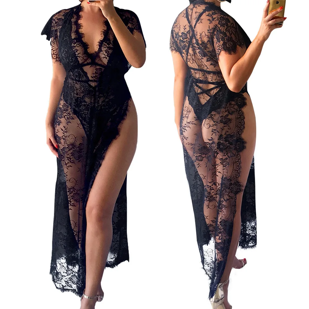 

New Women's Sexy See-through V-neck Sexy Lace Dress Mesh Dress Sexy