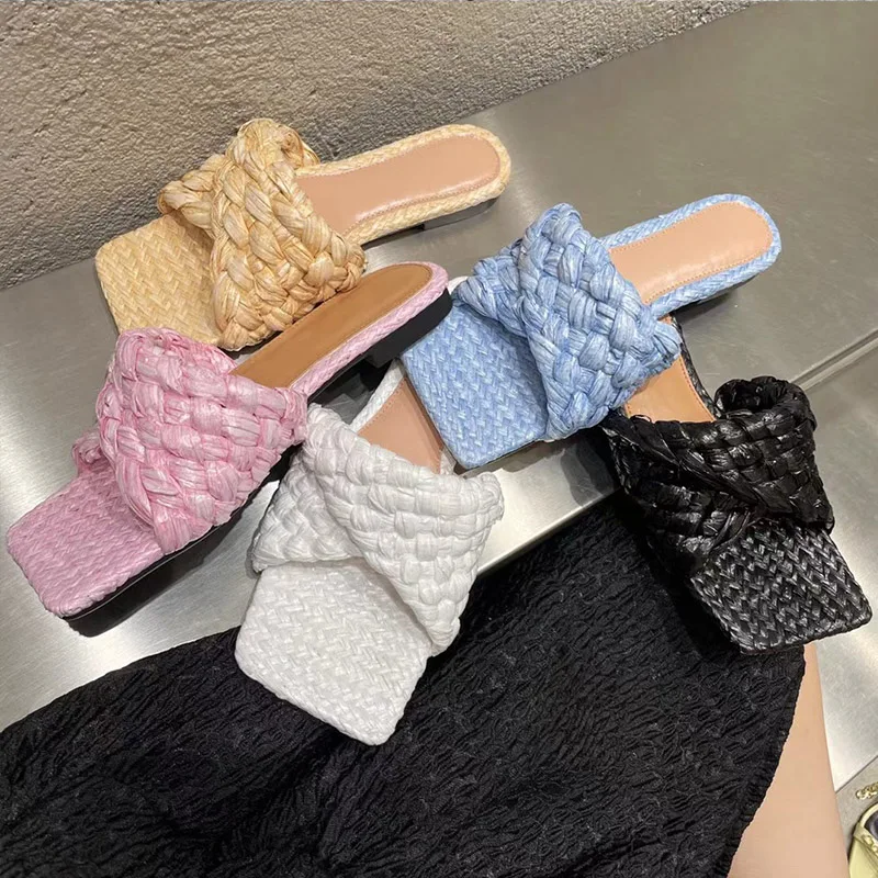 

2021 New Summer Women Slipper Fashion Brand Weave Slides Ladies Elegant Thin High Heel Outdoor Female Sandals Shoes Plus Size 41