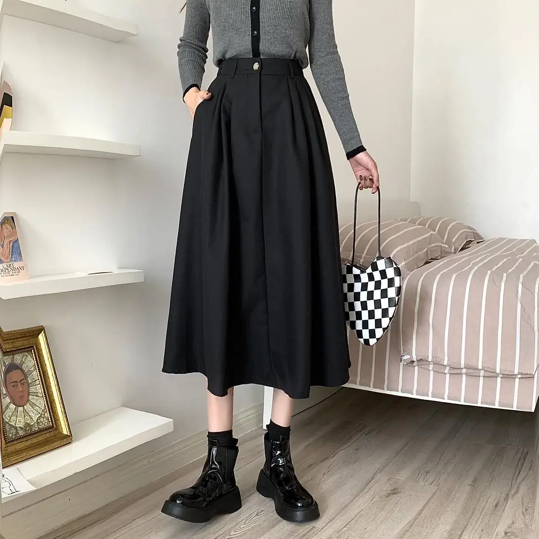 Осенняя элегантная трапециевидная юбка с высокой талией Женская Повседневная