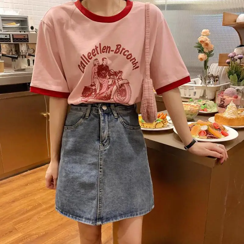 

Women Tshirts Fashion Color Blocking Design Letter Printing Female Summer Tops Ladies Loose Harajuku Clothes T-Shirt