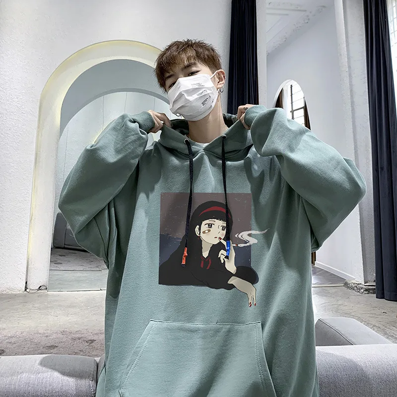 

ZOGAA Plus Velvet Sweatshirt Loose Hooded Long-Sleeved Black Gray Youth Student Sweatshirt Fashion Anime Print Couple Sweatshirt